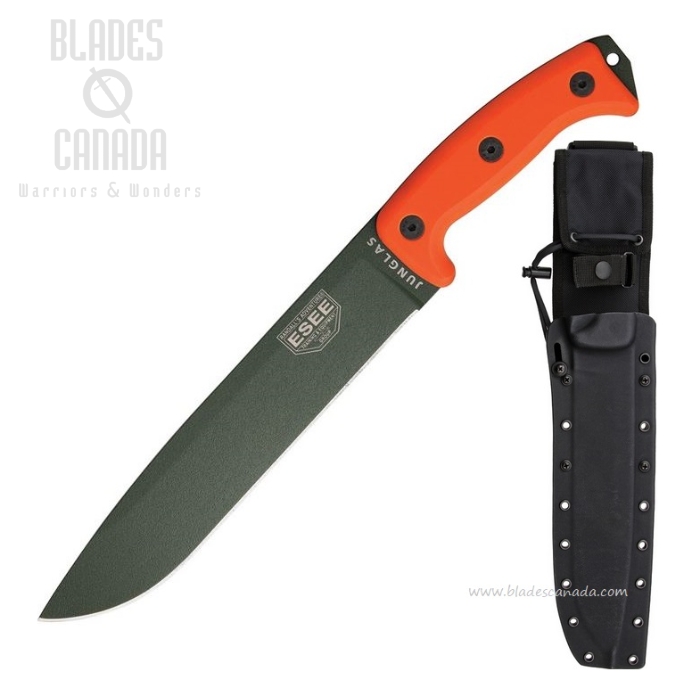 (image for) ESEE Junglas Fixed Blade Knife, 1095 Carbon OD, G10 Orange, Kydex Sheath, JUNGLAS-OD-OR
